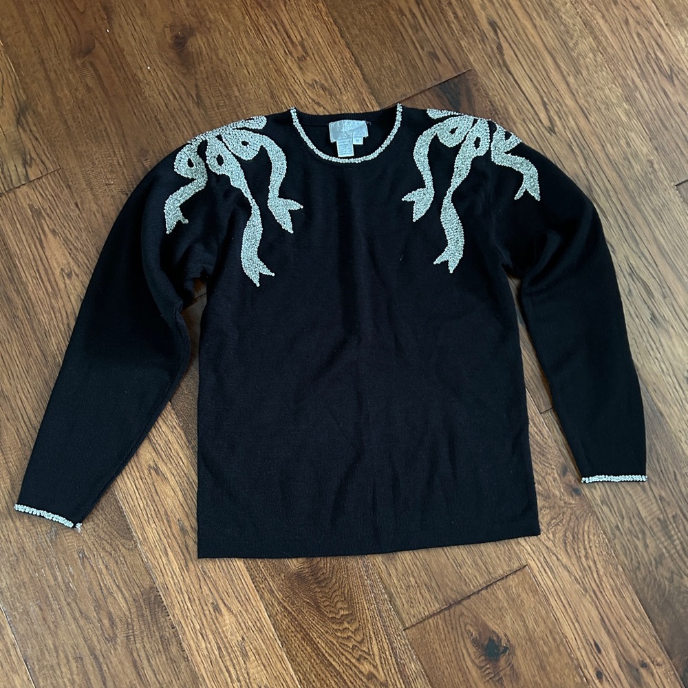 Womens Vintage Y2k Regency Collection Rhinestones Bow Black Classy Sweater Sz M